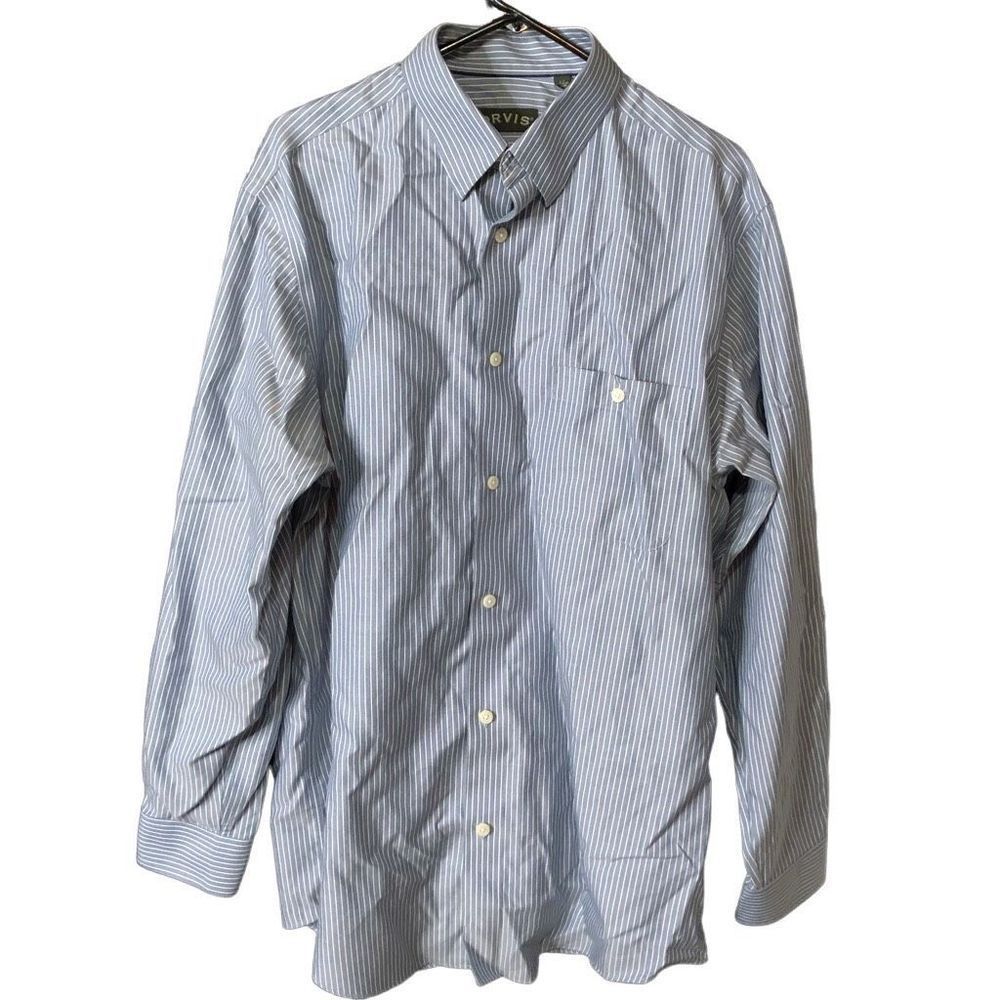 ORVIS Men's L Tall Wrinkle Free Shirt Striped Blue White Button Down Long Sleeve